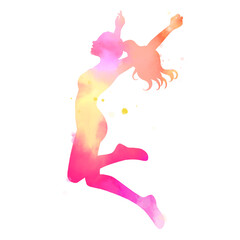 Watercolor of  woman jumping into the air isolated on white background with clipping path. Self-care concept.