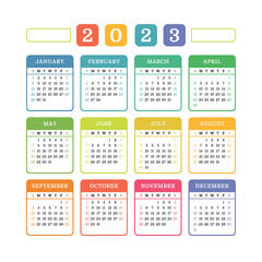 Calendar design 2023 year. English template. New year. Week starts on Sunday