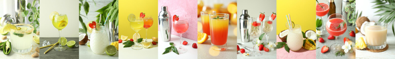 Concept of summer cocktails, collage of photos with cocktails