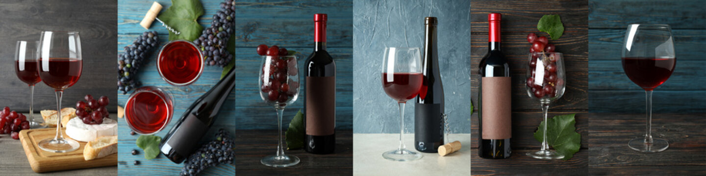 Concept of wine tasting, collage of photos with wine