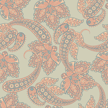 Floral seamless pattern with paisley ornament. Vector illustration in asian textile style