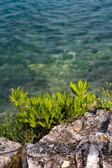Mediterranean blue coast line, beach with rocks and stone.