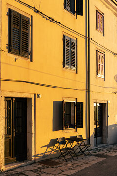 Romantic mediterranean sunset historic architecture.