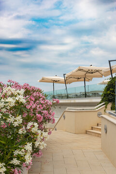 Fancy beach resort, lounge corner with flowers and glass.