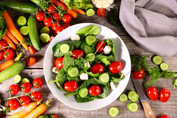 mixed salad with spinach,  tomato,  cucumber