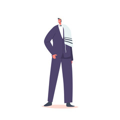 Jewish Groom Wear Blue Suit and Kippa Hat Isolated on White Background. Newlywed Male Character Wedding Ceremony