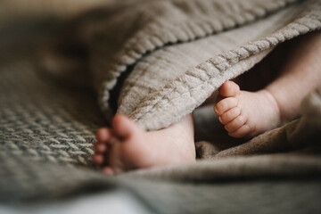 Bare feet of newborn baby wrapped in blanket