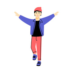 Happy boy running with spread arms. Kid fooling and having fun. Vector flat illustration on a white background