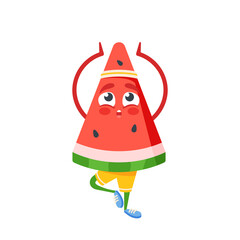 Funny Watermelon Slice Cartoon Character on Yoga or Pilates Sport. Comic Personage, Cute Fruit Mascot in Yogi Pose
