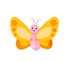 Cartoon Butterfly Character, Beautiful Flying Insect With Yellow Wings, Cute Face and Big Eyes. Funny Mascot, Element