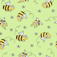 Vector pattern cartoon bees, honey, flowers in doodle style. Seamless backgrounds, wallpapers. Funny insects, children's decor, design of textiles, packaging.