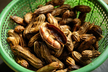 Closeup of peanuts in basket after boiling