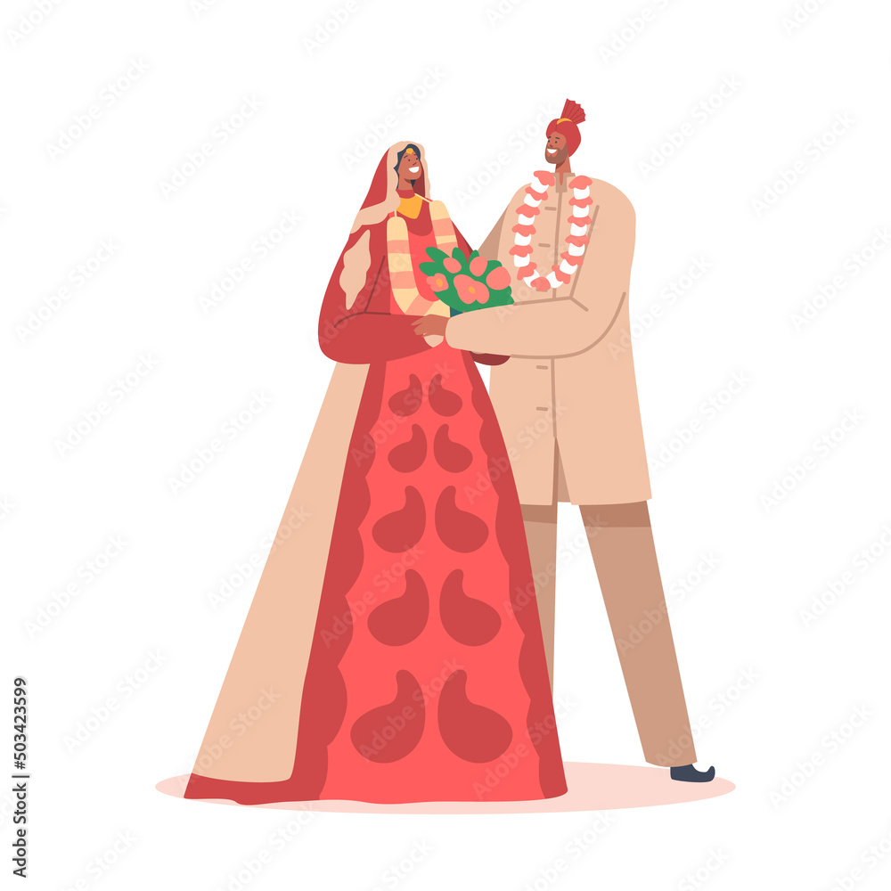 Wall mural beautiful indian couple wear traditional costumes wedding ceremony, groom and bride newlywed man and