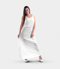 Mockup of a white long dress on a beautiful girl in heels isolated on background, front view.