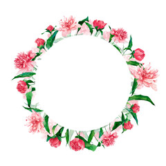 Watercolor floral frame with peonies, buds and leaves isolated on white background. Hand drawn wreath perfect for design wedding greetings, invitations.