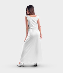Fototapeta na wymiar White dress mockup on a dark-haired girl, folds at the waist, long skirt, sleeveless t-shirt, isolated on background, back view.