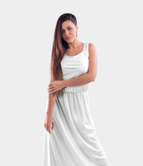 Mockup of a white long dress on a dark-haired girl, folds at the waist, close-up, isolated on background, front view.