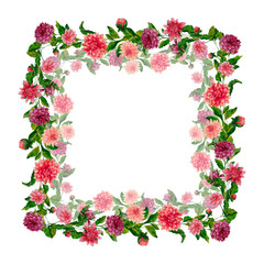 Hand drawn watercolor floral frame with bright dahlias and leaves, buds. Square wreath perfect for design wedding greetings, invitations.