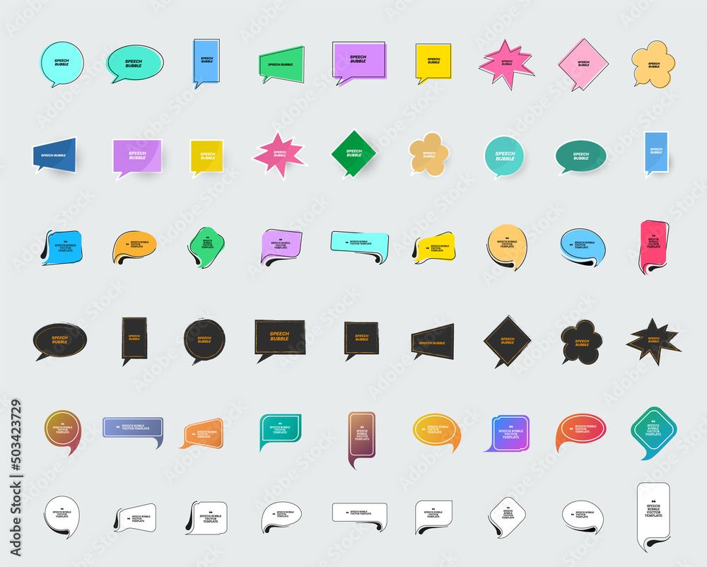 Poster Vector set of speech bubbles. Colored geometric shapes with linear stroke, form for chat, message, text.