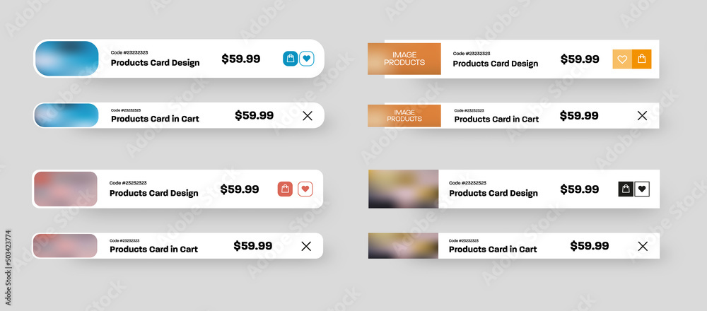 Poster Set of vector rectangular product user interface cards, cart page with favorites, delete, buy buttons, for store mobile app.