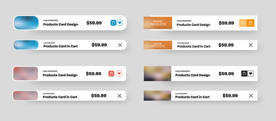 Set of vector rectangular product user interface cards, cart page with favorites, delete, buy buttons, for store mobile app.