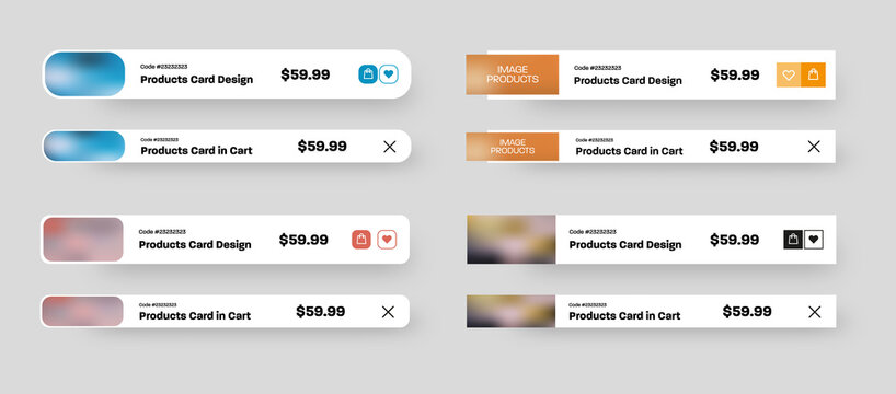 Set of vector rectangular product user interface cards, cart page with favorites, delete, buy buttons, for store mobile app.