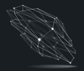 Dimensional lattice mesh vector abstraction, 3D polygonal design abstract shape, tech and science digital style dynamic connections with lines and dots, with realistic depth of field effect.