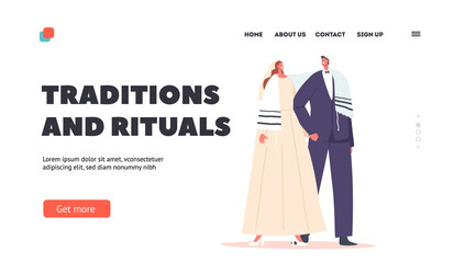 Traditions and Rituals Landing Page Template. Jewish Couple Wedding Ceremony, Contemporary Jew Groom and Bride