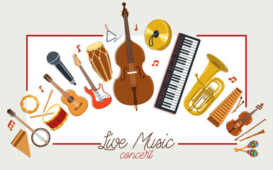 Fototapeta premium Music orchestra diverse instruments vector flat poster, live sound concert or festival, musical band or orchestra playing and singing songs advertising flyer or banner.