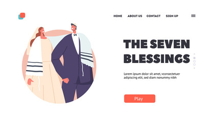 Modern Jewish Couple Wedding Ceremony Landing Page Template. Groom in Suit and Bride in White Dress Newlywed