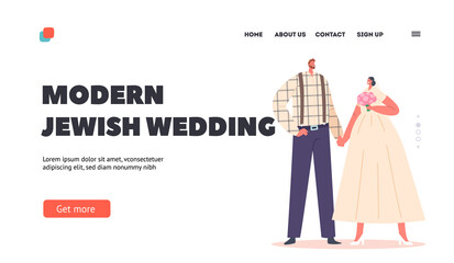 Modern Jewish Couple Marriage Celebration Landing Page Template. Happy Bearded Groom and Bride Characters Wedding