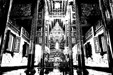Architectural landscape of ancient temples and ancient art in northern Thailand black and white illustration.