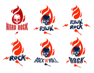 Skull in a flames Hard Rock music vector logos or emblems set, aggressive skull dead head on fire Rock and Roll labels, Punk festival concert or club, musical instruments shop or recording studio.