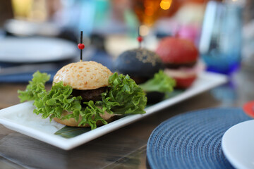 Coloured mini hamburgers on a plate