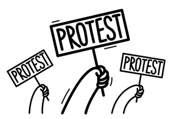 Raised hands with banners showing protest vector flat style illustration isolated on white, social rage and political revolution concept.