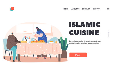 Fototapeta na wymiar Islamic Cuisine Landing Page Template. Traditional Arab Family Dinner, Mother, Father and Son Characters Eating Ifthar
