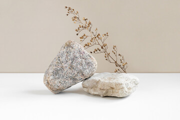 Stone Podium for promotion on beige Background. Natural rock pedestal. Two stone podiums . Beauty...