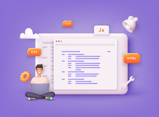 Website programming and coding. Web development and coding. Influencer marketing, social media or network promotion. 3D Vector Illustrations.