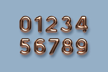 Copper metallic numbers vector set. 3d realistic metal characters. Decorative elements for banner, cover, birthday or anniversary party.