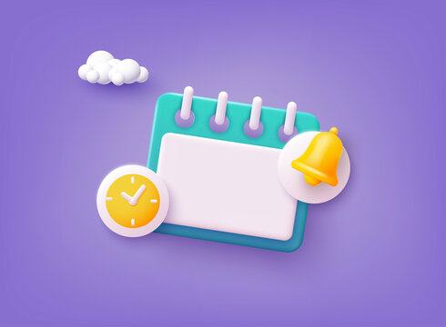 Calendar icon with notifications icons. Business planning ,events, reminder and timetable. 3D Web Vector Illustrations.