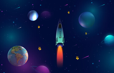 3D Rocket launch on galaxy background, Spaceship icon, startup business concept. 3d render...