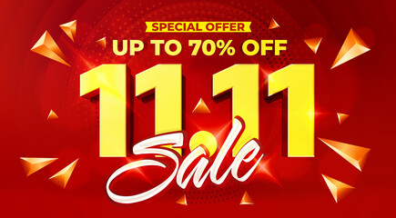 Up to 70 percent off price discount special offer. November 11 shop event sale advertising template. Retail business and marketing poster vector illustration