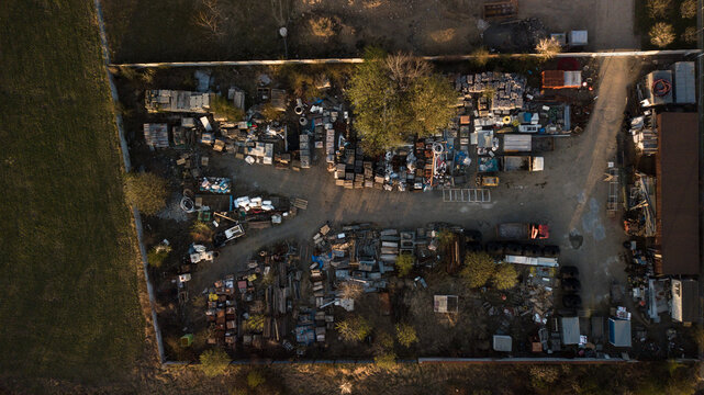 Metal recycling industry. Drone aerial view of scrap yard