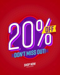 20 percent off discount promo poster or banner. Social media flyer with special offer vector illustration. Dont miss sale motivation - obrazy, fototapety, plakaty