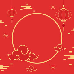 Happy Chinese new year 2023. Chinese new year banner with circle for show product. Greeting card. China frame with lantern on red background.