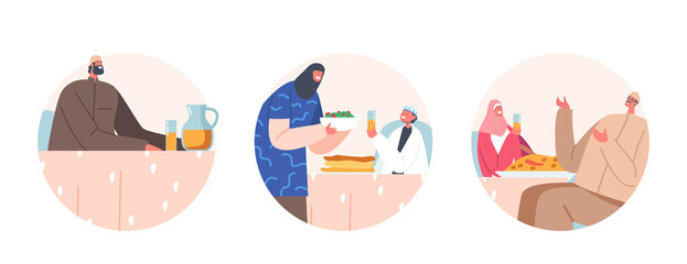 Fototapeta na wymiar Ramadan Holiday Celebration Round Icons. Traditional Arab Family Old and Young Characters Eat Ifthar Sitting at Table
