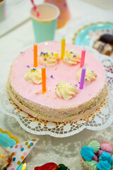 Cake, Candy, Marshmallows, Fruits and Berries, Chocolates, Waffles and other Sweets on Dessert Table at Kids Birthday Party