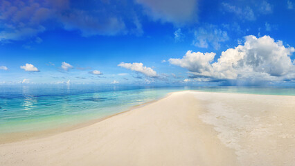  Panorama of wide sandy beach on a tropical island in Maldives