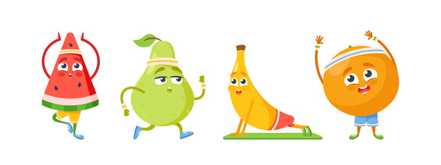 Set of Fruits Characters Sport Exercises and Yoga Meditation. Funny Pear, Banana, Watermelon and Orange Sportsmen