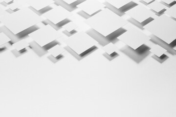 White geometric abstract background with soar rhombuses in light sunlight with contrast gradient soft shadows as border, copy space, top view. Elegant modern backdrop in minimal style.